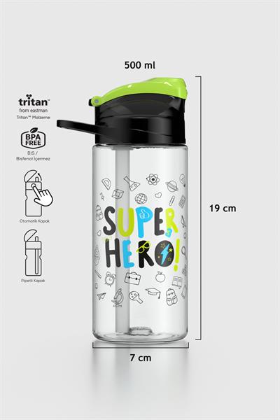 Renga Falcon Süper Hero Desenli 500 ml Pipetli Tritan Çocuk Matara 912037 Siyah