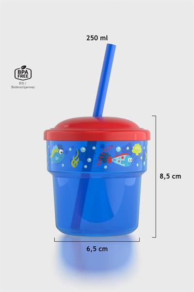 Renga Fizbo Balık Desenli 250 ml Pipetli PP Bebek Bardak 222049 Mavi-Kırmızı