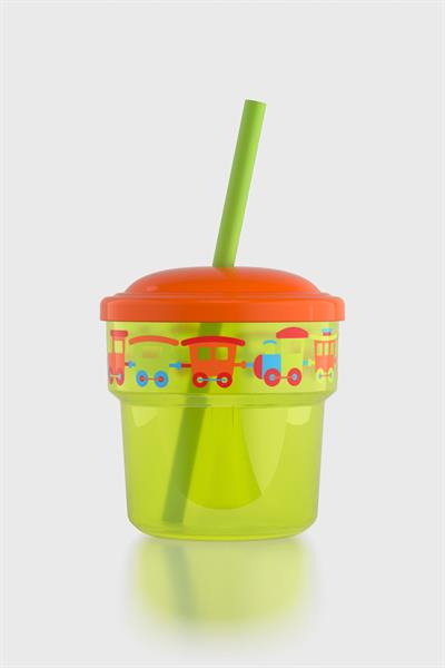 Renga Fizbo Tren Desenli 250 ml Pipetli PP Bebek Bardak 222049 Yeşil-Turuncu