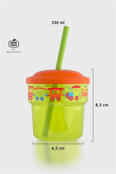 Renga Fizbo Tren Desenli 250 ml Pipetli PP Bebek Bardak 222049 Yeşil-Turuncu