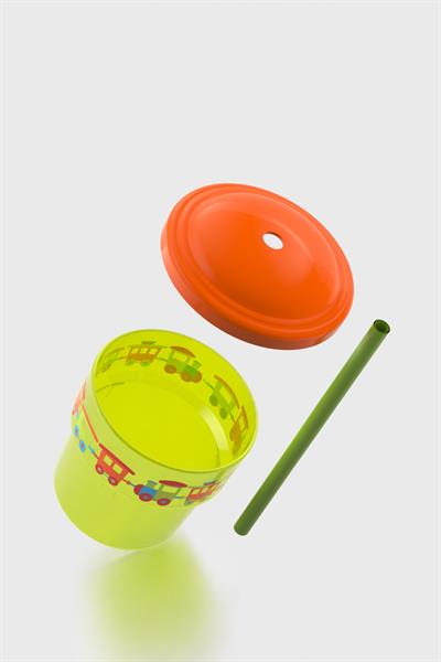 Renga Fizbo Tren Desenli 250 ml Pipetli PP Bebek Bardak 222049 Yeşil-Turuncu