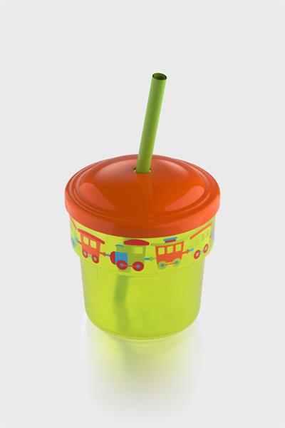 Renga Fizbo Tren Desenli 250 ml Pipetli PP Bebek Bardak 222049 Yeşil-Turuncu