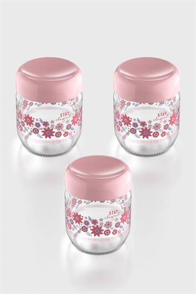 Renga Flora Desenli 425 ml 3lü Cam Kavanoz Seti 132078 Pudra