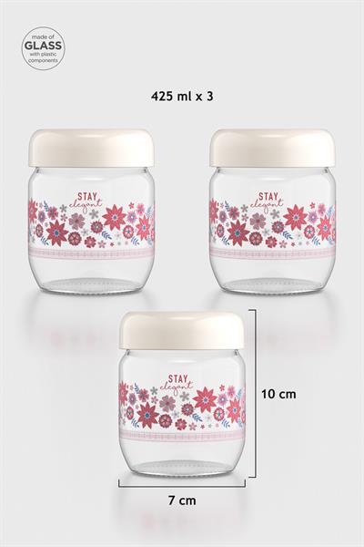 Renga Flora Desenli 425 ml 3lü Cam Kavanoz Seti 132078 Bej