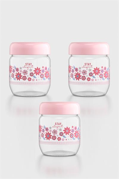 Renga Flora Desenli 425 ml 3lü Cam Kavanoz Seti 132078 Pudra
