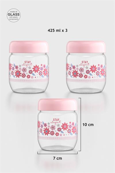 Renga Flora Desenli 425 ml 3lü Cam Kavanoz Seti 132078 Pudra