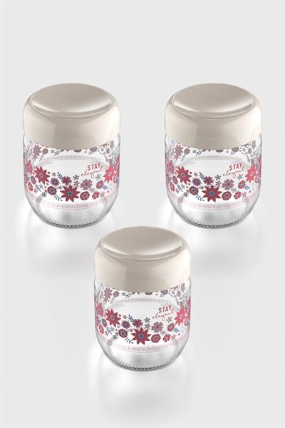 Renga Flora Desenli 425 ml 3lü Cam Kavanoz Seti 132078 Bej
