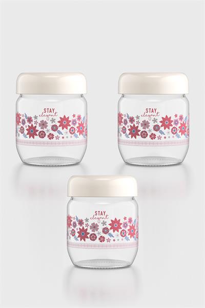 Renga Flora Desenli 425 ml 3lü Cam Kavanoz Seti 132078 Bej