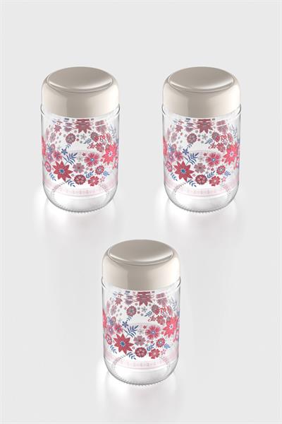 Renga Flora Desenli 660 ml 3lü Cam Kavanoz Seti 132079 Bej