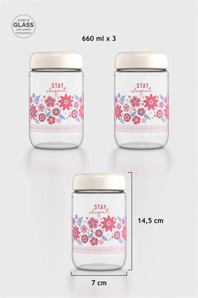 Renga Flora Desenli 660 ml 3lü Cam Kavanoz Seti 132079 Bej