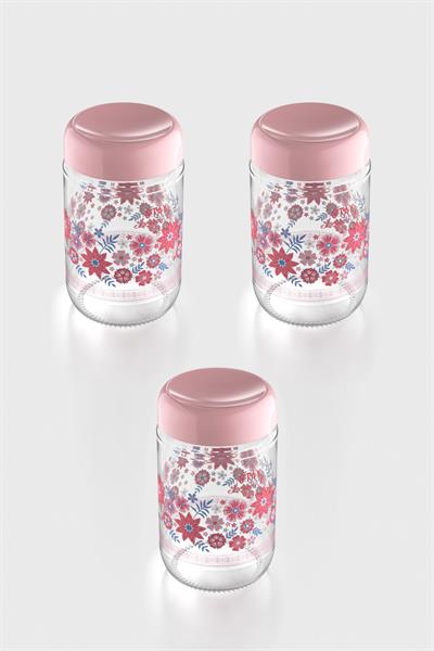 Renga Flora Desenli 660 ml 3lü Cam Kavanoz Seti 132079 Pudra