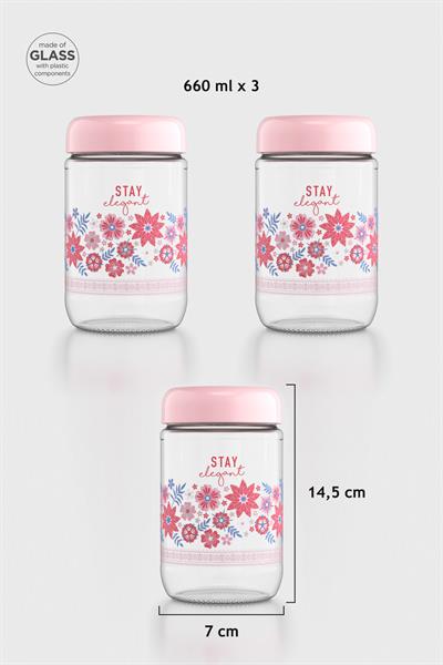 Renga Flora Desenli 660 ml 3lü Cam Kavanoz Seti 132079 Pudra