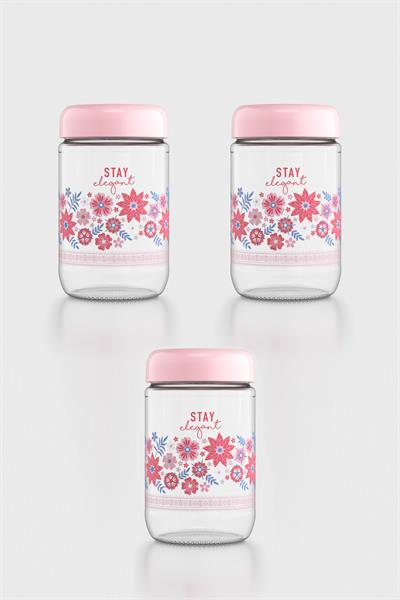 Renga Flora Desenli 660 ml 3lü Cam Kavanoz Seti 132079 Pudra