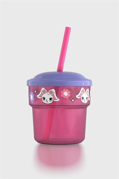 Renga Kai Beautiful Day Tavşan Desenli PP 3lü Çocuk Seti Suluk, Pipetli Bardak ve Saklama Kabı 712008 Pembe