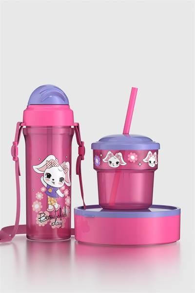 Renga Kai Beautiful Day Tavşan Desenli PP 3lü Çocuk Seti Suluk, Pipetli Bardak ve Saklama Kabı 712008 Pembe