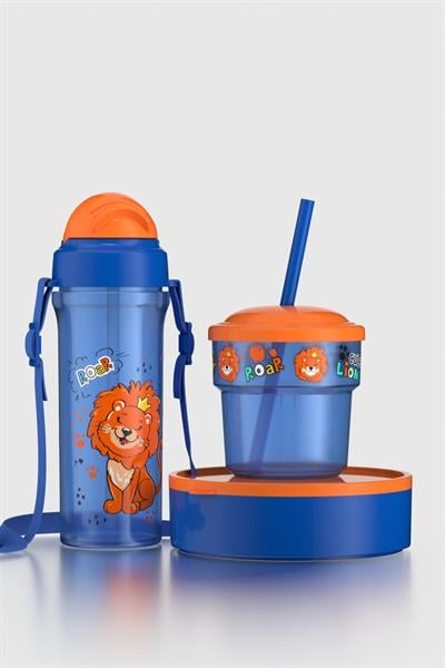 Renga Kai Cute Lion Desenli PP 3lü Çocuk Seti Suluk, Pipetli Bardak ve Saklama Kabı 712008 Mavi