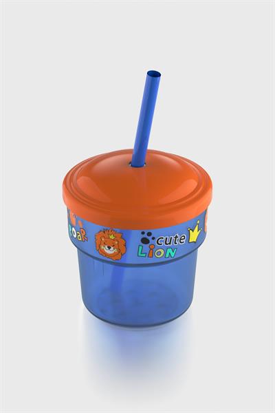 Renga Kai Cute Lion Desenli PP 3lü Çocuk Seti Suluk, Pipetli Bardak ve Saklama Kabı 712008 Mavi