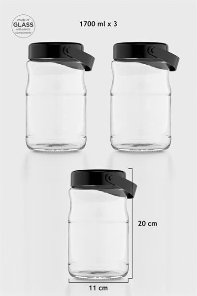 Renga Macro 1700 ml Siyah Kapaklı 3lü Cam Kavanoz Seti 131074
