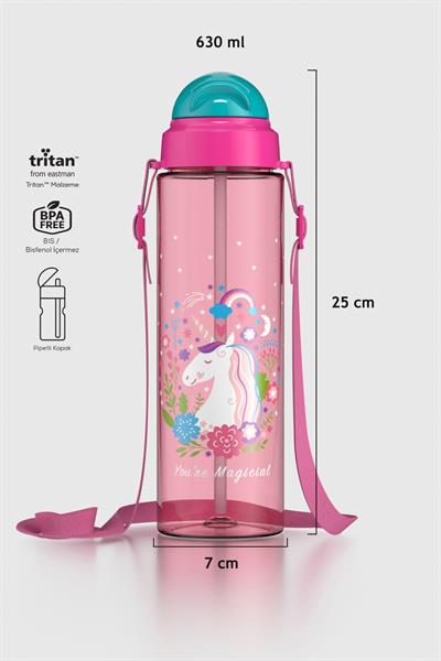 Renga Migo Desenli 630 ml Askılı Pipetli Tritan Çocuk Matara 912143 Pembe