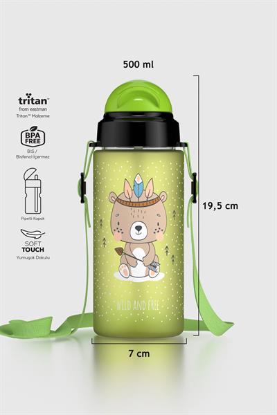 Renga Migo Soft Touch Desenli 500 ml Askılı Pipetli Tritan Çocuk Matara 912142 Yeşil