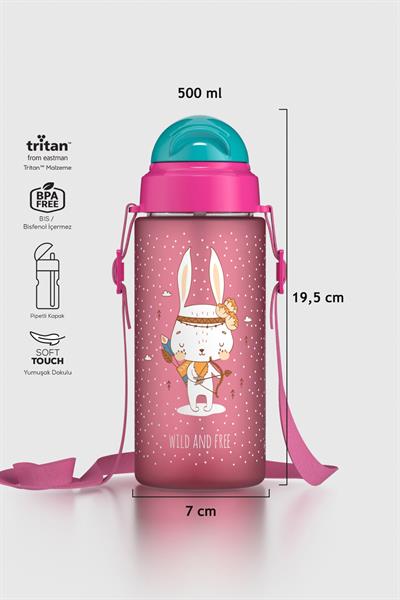 Renga Migo Soft Touch Desenli 500 ml Askılı Pipetli Tritan Çocuk Matara 912142 Pembe