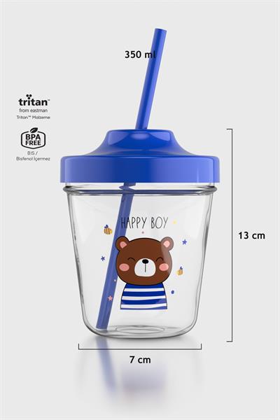 Renga Mila Happy Boy Ayıcık Desenli Tritan Çocuk Seti Pipetli Kapak ve Müsli Kapak 712009 Mavi