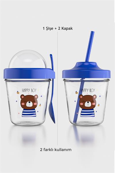 Renga Mila Happy Boy Ayıcık Desenli Tritan Çocuk Seti Pipetli Kapak ve Müsli Kapak 712009 Mavi