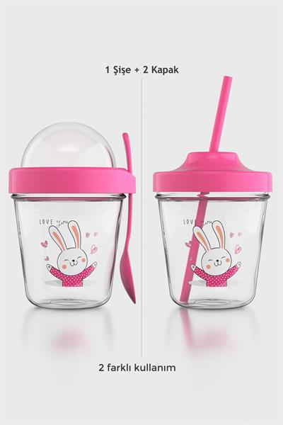 Renga Mila Love You Tavşan Desenli Tritan Çocuk Seti Pipetli Kapak ve Müsli Kapak 712009 Pembe