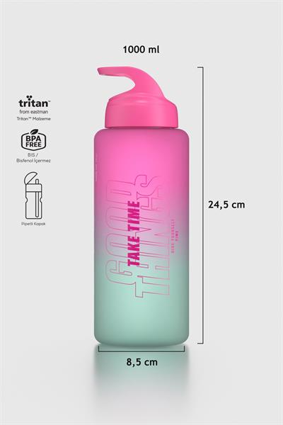 Renga Moly Çift Renk Yazı Desenli 1000 ml Pipetli Mat Tritan Matara 912117 Fuşya-Turkuaz