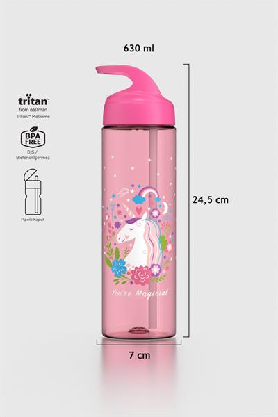 Renga Moly Desenli 630 ml Pipetli Tritan Çocuk Matara 912172 Pembe
