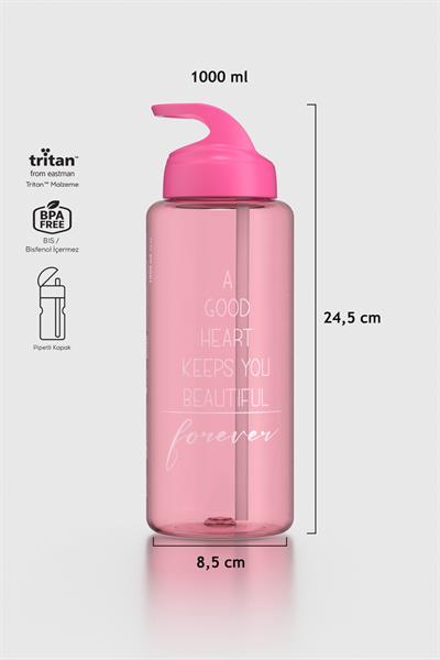 Renga Moly Yazı Desenli 1000 ml Pipetli Tritan Matara 912139 Fuşya