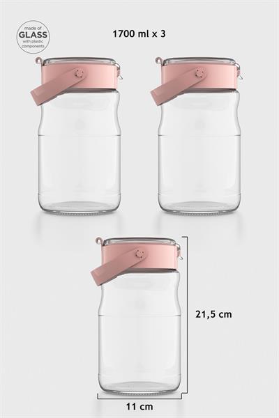 Renga Mono 1700 ml Pembe Kapaklı 3lü Cam Kavanoz Seti 131072