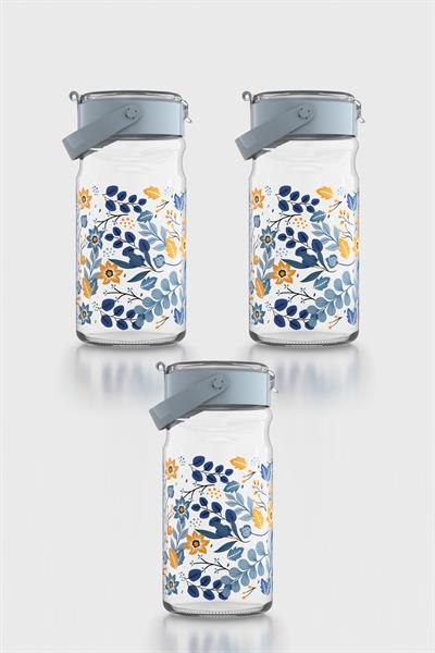 Renga Mono 1800 ml Çiçek Desenli 3lü Cam Kavanoz Seti 132067 Mavi