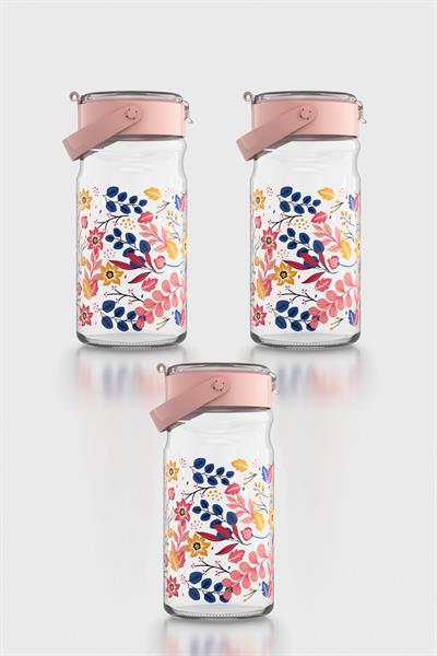Renga Mono 1800 ml Çiçek Desenli 3lü Cam Kavanoz Seti 132067 Pembe