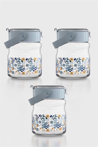 Renga Mono 900 ml Çiçek Desenli 3lü Cam Kavanoz Seti 132065 Mavi