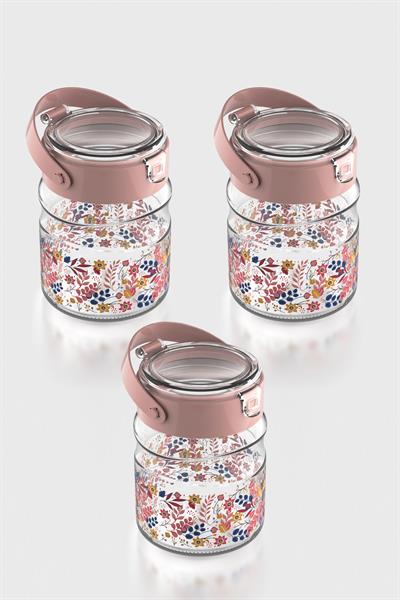 Renga Mono 900 ml Çiçek Desenli 3lü Cam Kavanoz Seti 132065 Pembe
