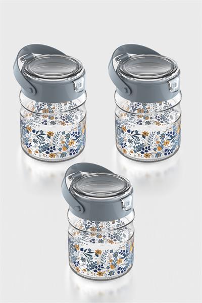 Renga Mono 900 ml Çiçek Desenli 3lü Cam Kavanoz Seti 132065 Mavi