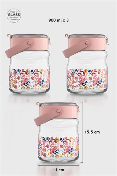 Renga Mono 900 ml Çiçek Desenli 3lü Cam Kavanoz Seti 132065 Pembe