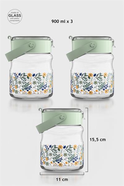 Renga Mono 900 ml Çiçek Desenli 3lü Cam Kavanoz Seti 132065 Yeşil