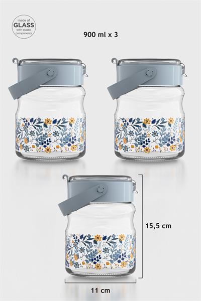 Renga Mono 900 ml Çiçek Desenli 3lü Cam Kavanoz Seti 132065 Mavi