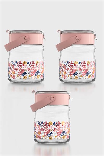 Renga Mono 900 ml Çiçek Desenli 3lü Cam Kavanoz Seti 132065 Pembe