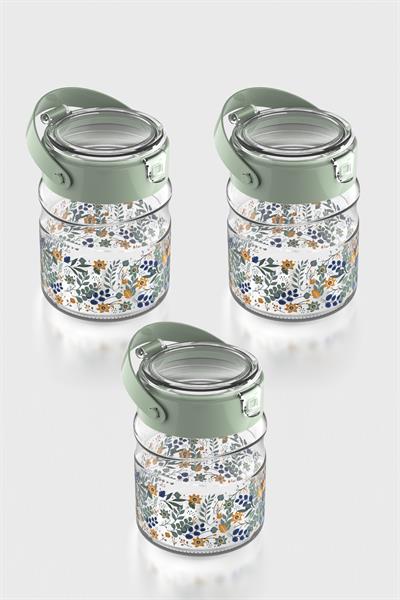 Renga Mono 900 ml Çiçek Desenli 3lü Cam Kavanoz Seti 132065 Yeşil