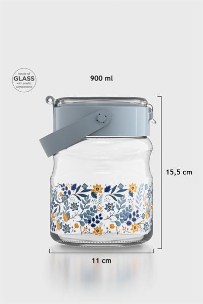 Renga Mono 900 ml Çiçek Desenli Cam Kavanoz 132065 Mavi