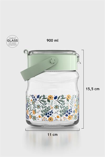 Renga Mono 900 ml Çiçek Desenli Cam Kavanoz 132065 Yeşil