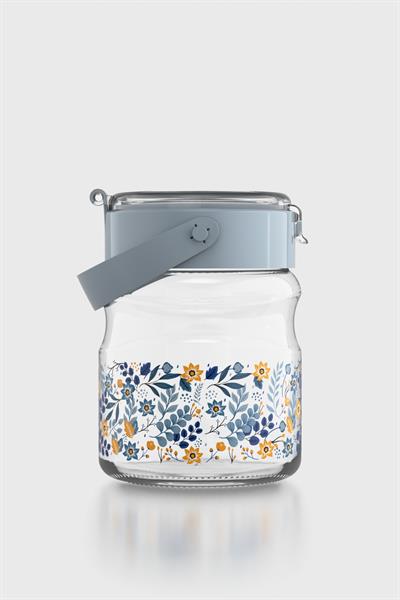 Renga Mono 900 ml Çiçek Desenli Cam Kavanoz 132065 Mavi