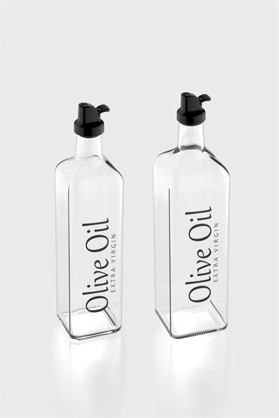Renga Oslo Siyah Kapaklı Olive Oil Yazılı 750 ml ve 1000 ml 2li Cam Yağlık Seti 152003