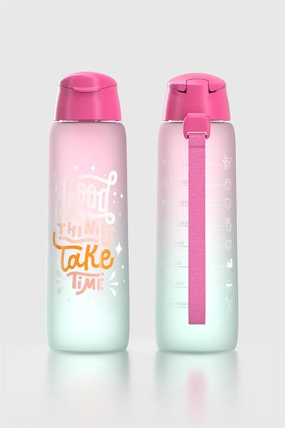 Renga Pera Çift Renk Yazı Desenli 820 ml Askılı Mat Tritan Matara 912134 Fuşya-Turkuaz