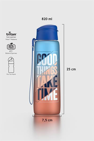 Renga Pera Çift Renk Yazı Desenli 820 ml Askılı Mat Tritan Matara 912134 Mavi-Turuncu