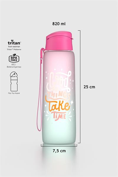 Renga Pera Çift Renk Yazı Desenli 820 ml Askılı Mat Tritan Matara 912134 Fuşya-Turkuaz