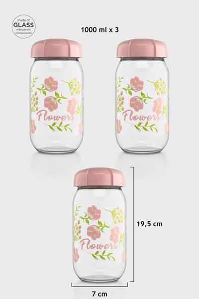 Renga Rhea 1000 ml Flower Desenli 3lü Cam Kavanoz Seti 132007 Pembe
